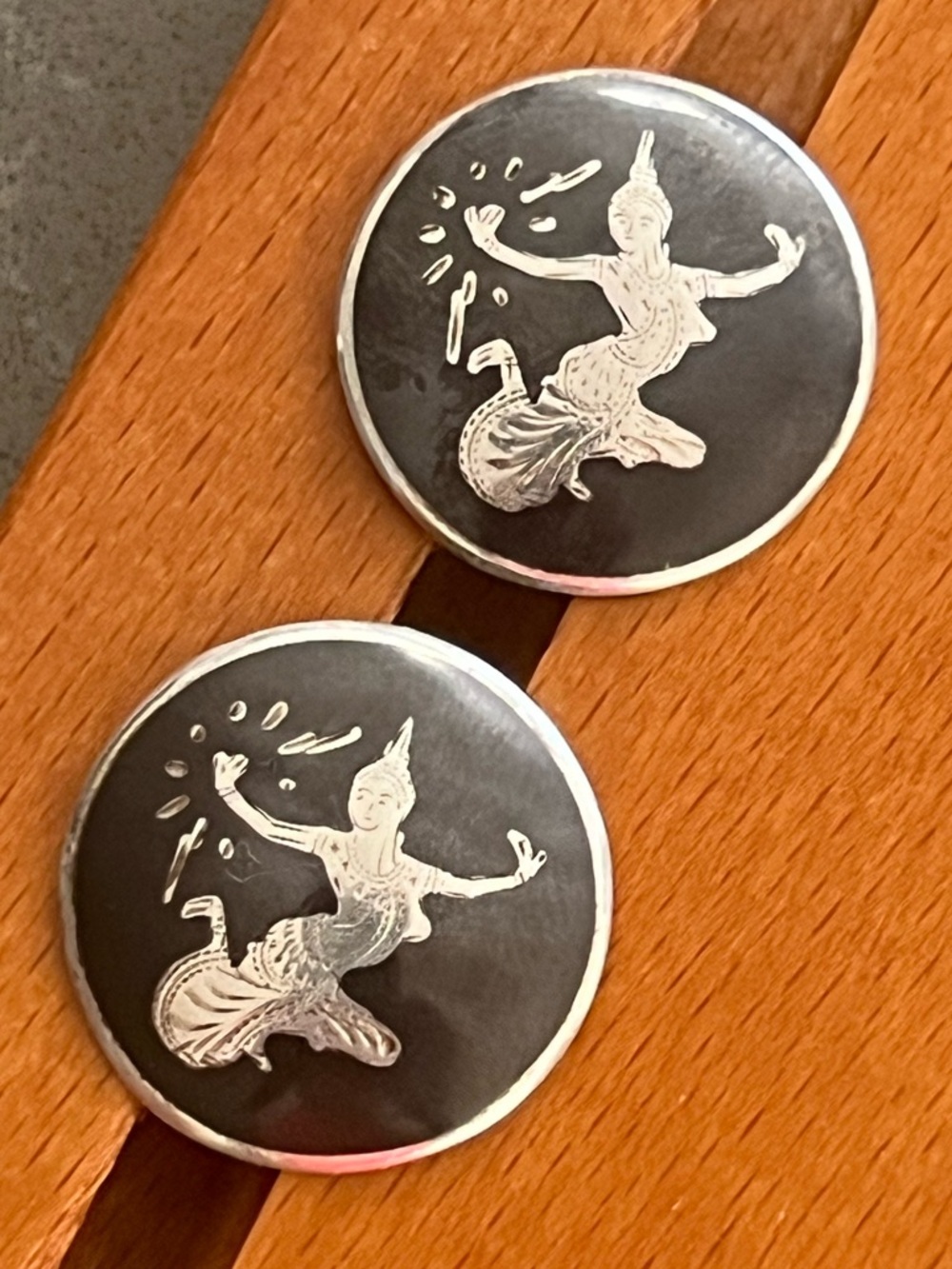 Vintage Siam Sterling Silver Dancer Screwback Earrings Black Enamel